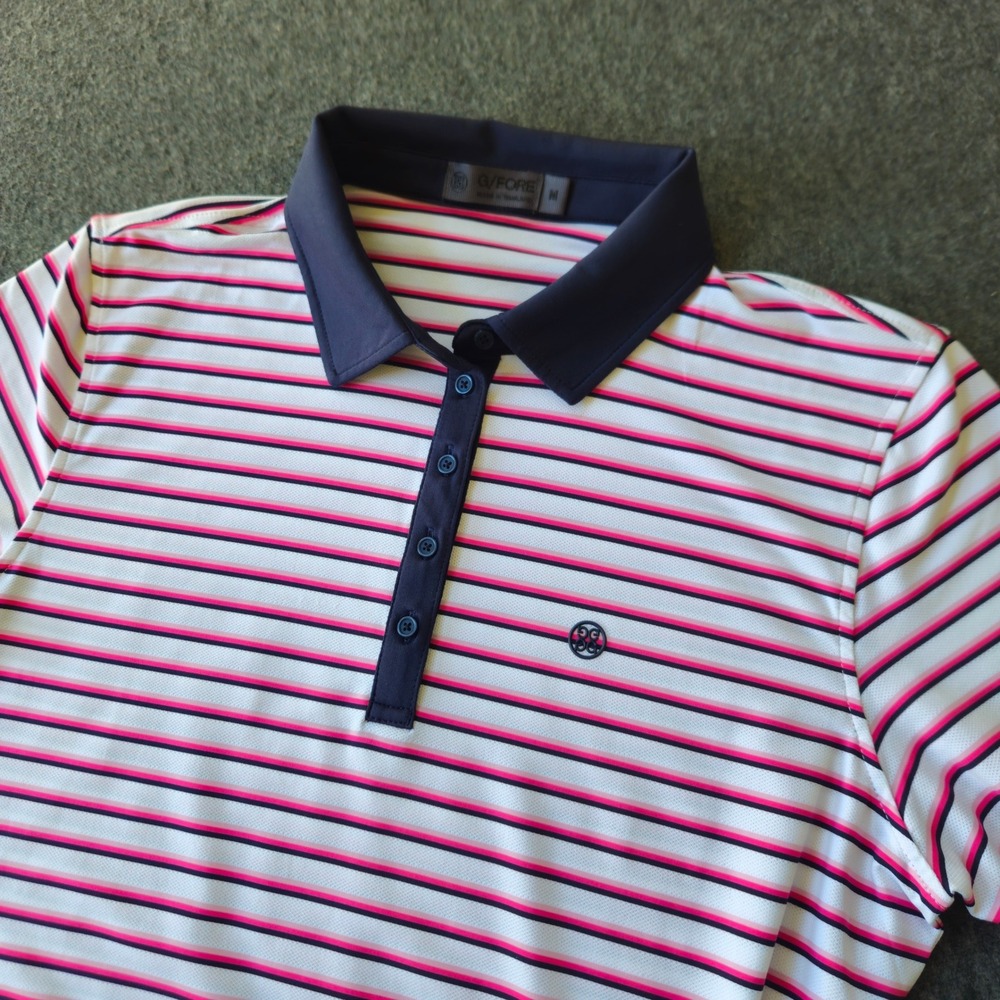 G/FORE Womens Perforated Jersey Striped Golf Polo Size Medium Quiet Luxury EUC